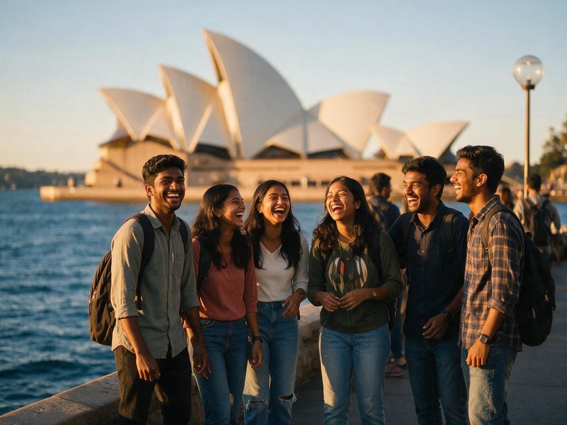 Young Indian students on the Sydney harbour foreshore