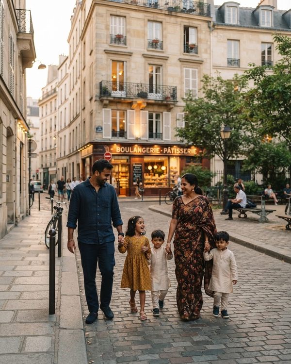 South Indian family on a French city street