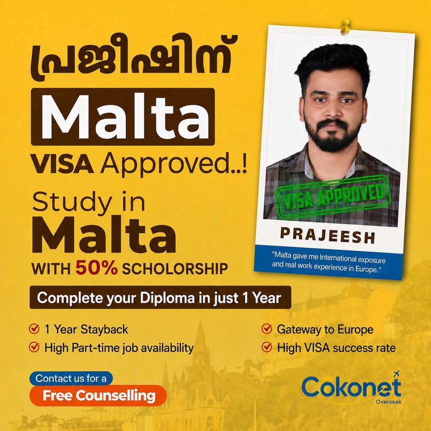 Prajeesh, a Cokonet Overseas student, studying in Malta