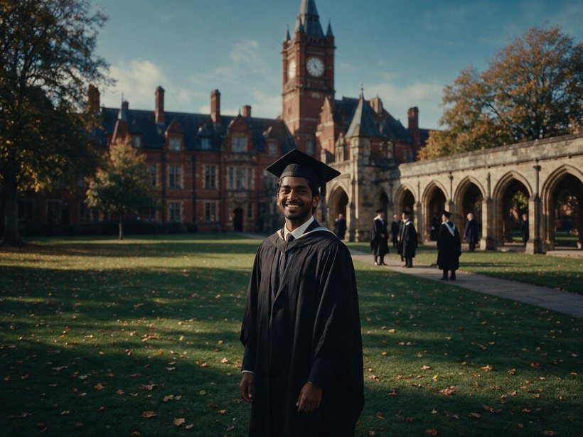 Indian graduate in cap and gown on a UK university campus